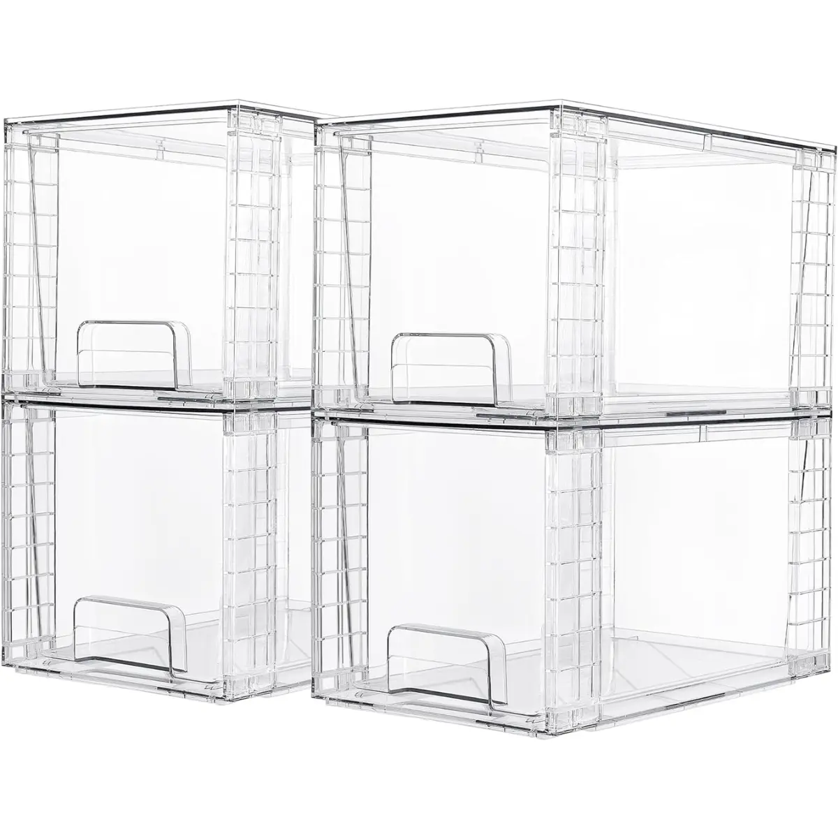 4-Pack Large Stackable Rectangle Acrylic Closet & Fridge Storage Organizer Drawers - Dual-Handled, Modern, Waterproof, Dustproof, Airtight Clip-On Containers (15lbs Capacity, 12"l x 7.5"w x 7"h) | Home Storage Solution