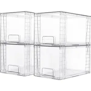 4 Pack Large Stackable Storage Drawers,Clear Acrylic Drawer Organizers with Handles, Easily Assemble for Bathroom,Kitchen Undersink,Cabinet,Closet,Makeup,Pantry organization and Storage