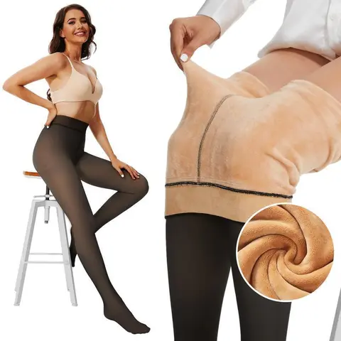 Women's Original Seamless Fleece-Lined Closed-Foot Tights - High Waist Elegant Winter Comfort Leggings, Large Plus Sizes, Brown Fur Options, Women's Underwear