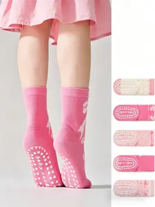 5 Pairs Heart Pattern Girls' Crew Socks, Fashionable Long Socks with Large Heart Balloon Design, Breathable Kids' Socks for All Seasons
