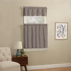 Rod Pocket Tier and Valance Kitchen Curtain Set, 3-Piece, Taupe, 56 W x 36 L