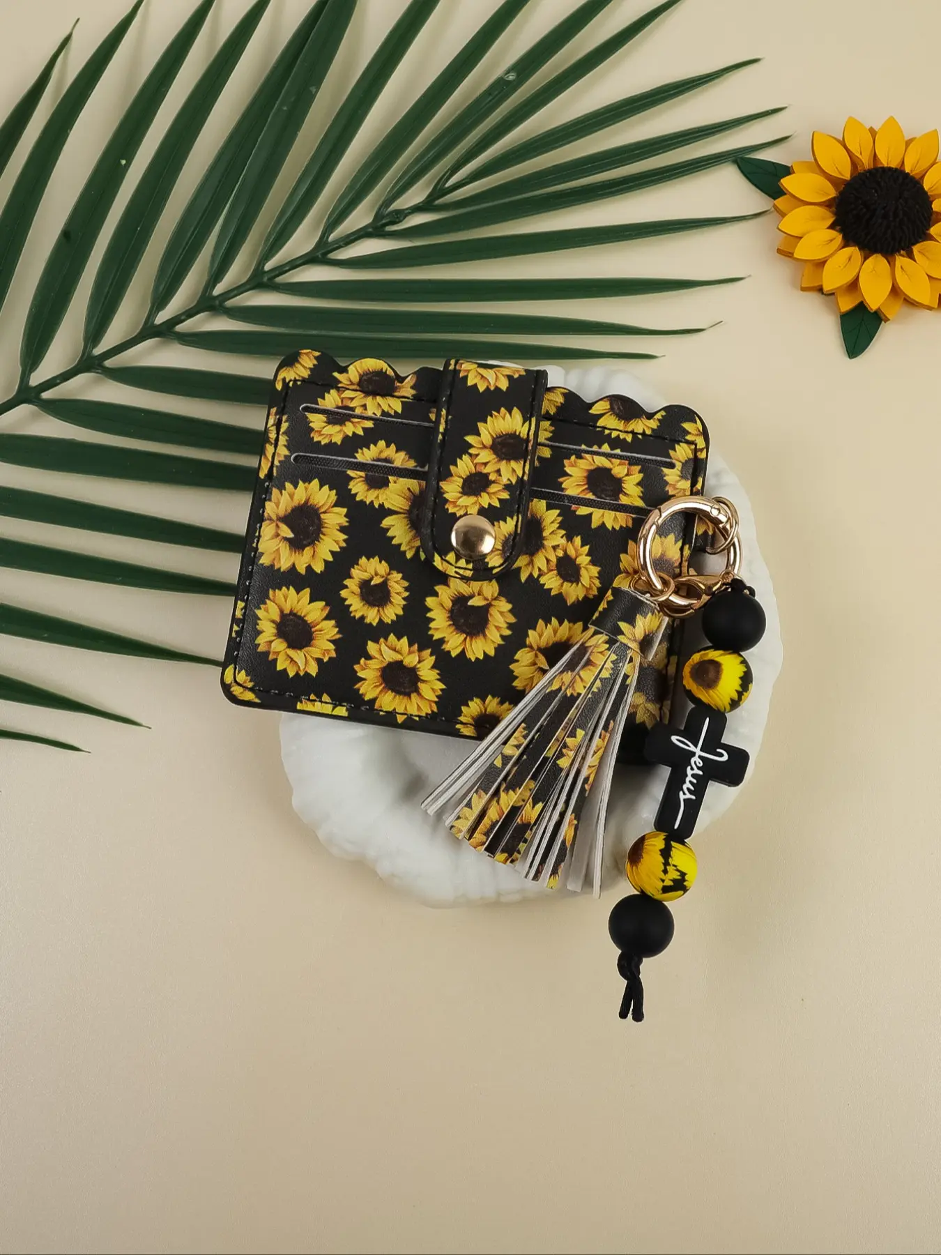 Sunflower Keychain Bracelet, Background Flower Design, Vintage Filter Cross Pendant, Floral Pattern Keychain, Aesthetic Keychain, Keychain Decor, Perfect Gift for Friends & Holidays, Handmade Keychain, Keyrings for Keys