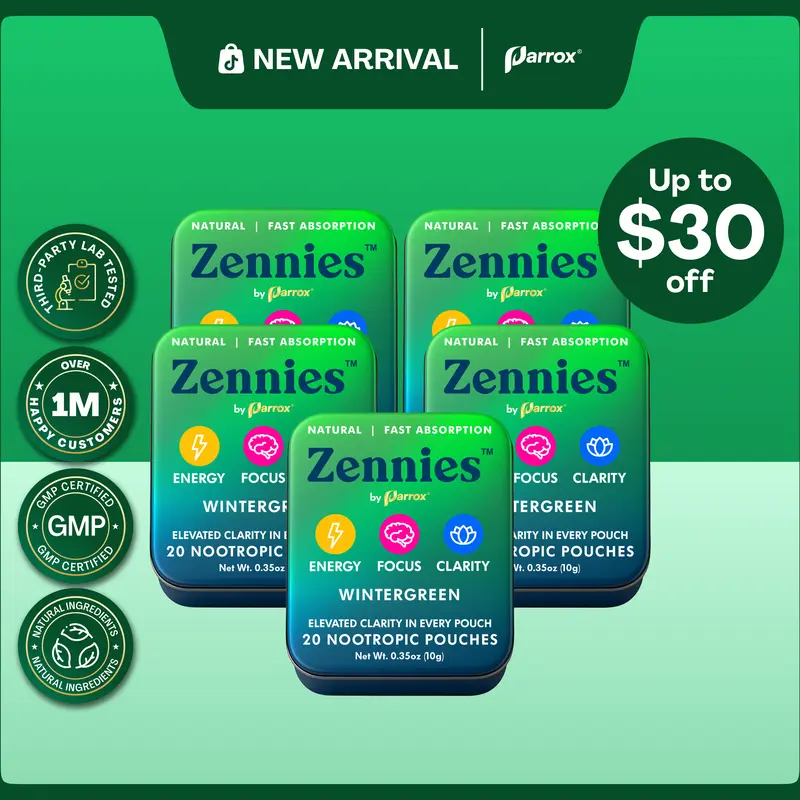 Zennies by Parrox - Caffeine Nootropic Pouches (Wintergreen Flavor) - No Nicotine, No Sugar, & All Natural - Fast Absorption for Energy, Focus, & Clarity - (20 Pouches)