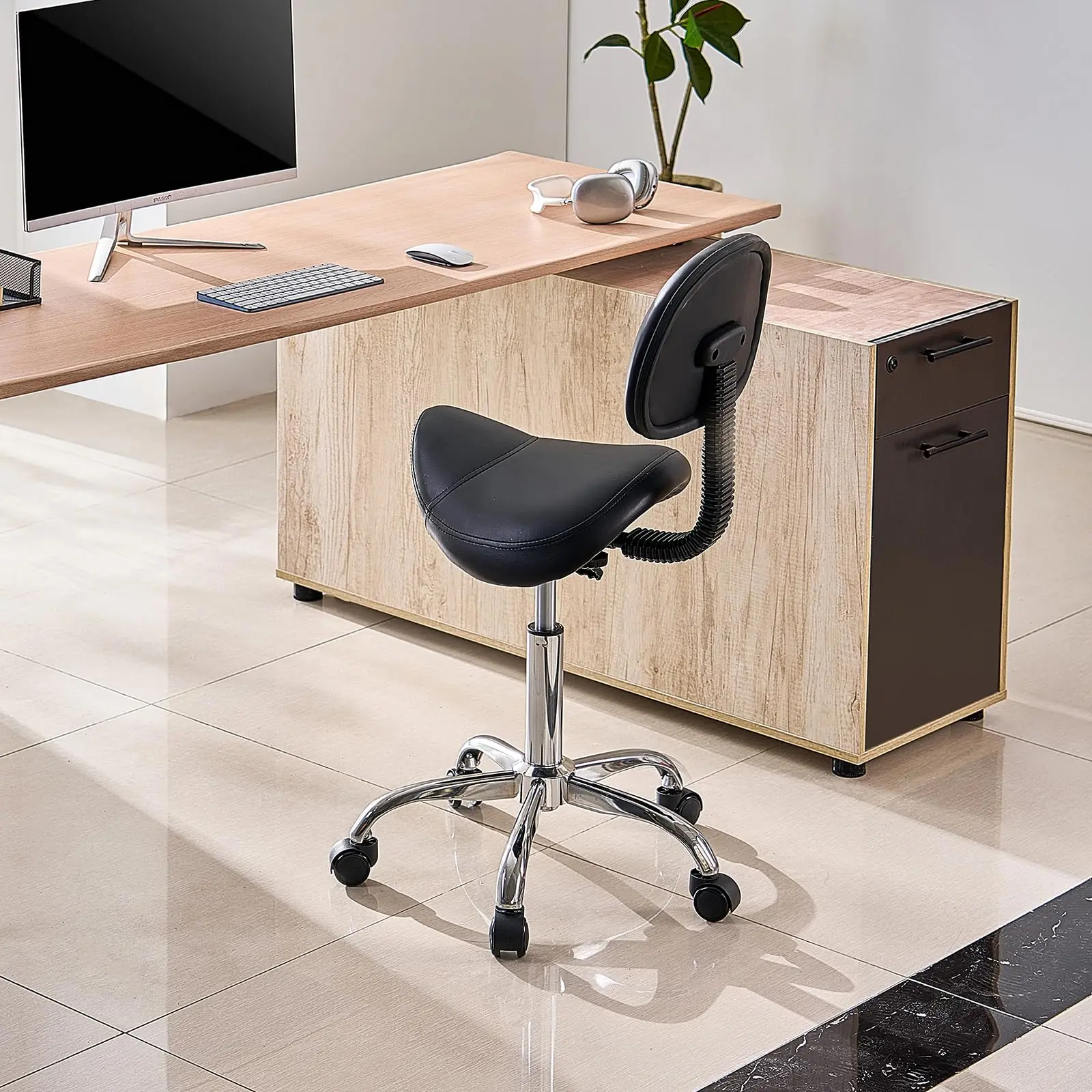 Saddle Stool with Wheels and Back Support, Height Adjustable Rolling Saddle Chair with Thickened PU Leather, 450 LBS Capacity Ergonomic Stool for Salon, Spa and Massage