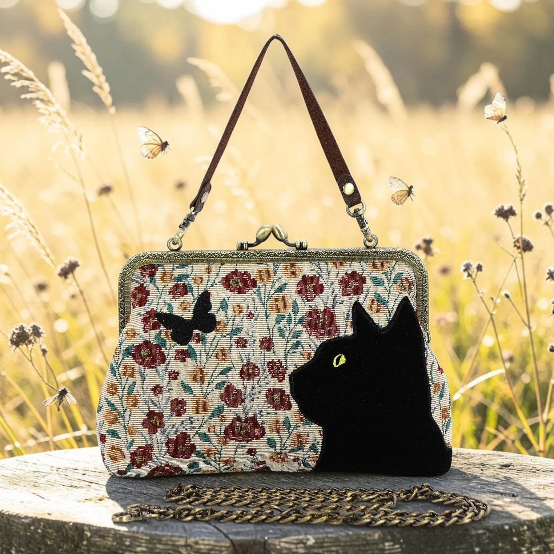 Floral Black Cat Kisslock Bag