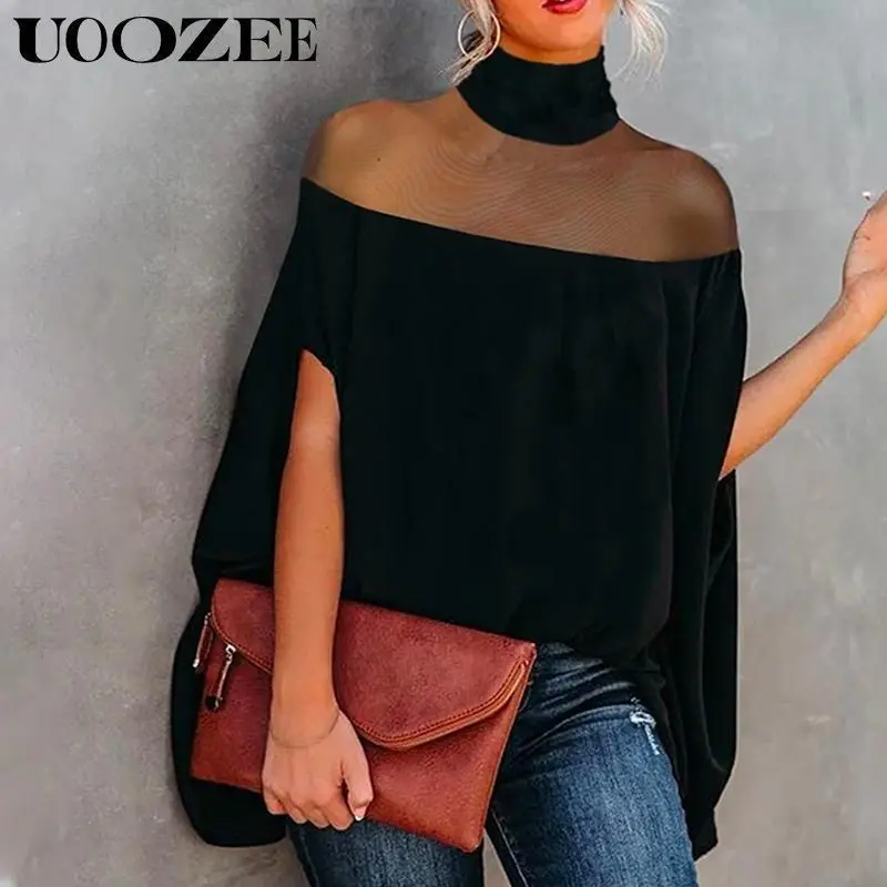 UOOZEE Women's Chic High Neck Blouse, Comfortable Minimalist Check Knit Top with See-Through Batwing Sleeves