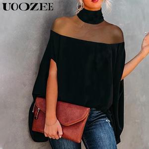 UOOZEE Women's High Neck Batwing Long Sleeve Knit Blouse - See-Through, Minimalist, Comfortable, Elegant Loose Check Top, Black (Upgraded Version) - Stylish Women's Wear Tops (Note: Order Smaller Size; Sizing Runs Large)