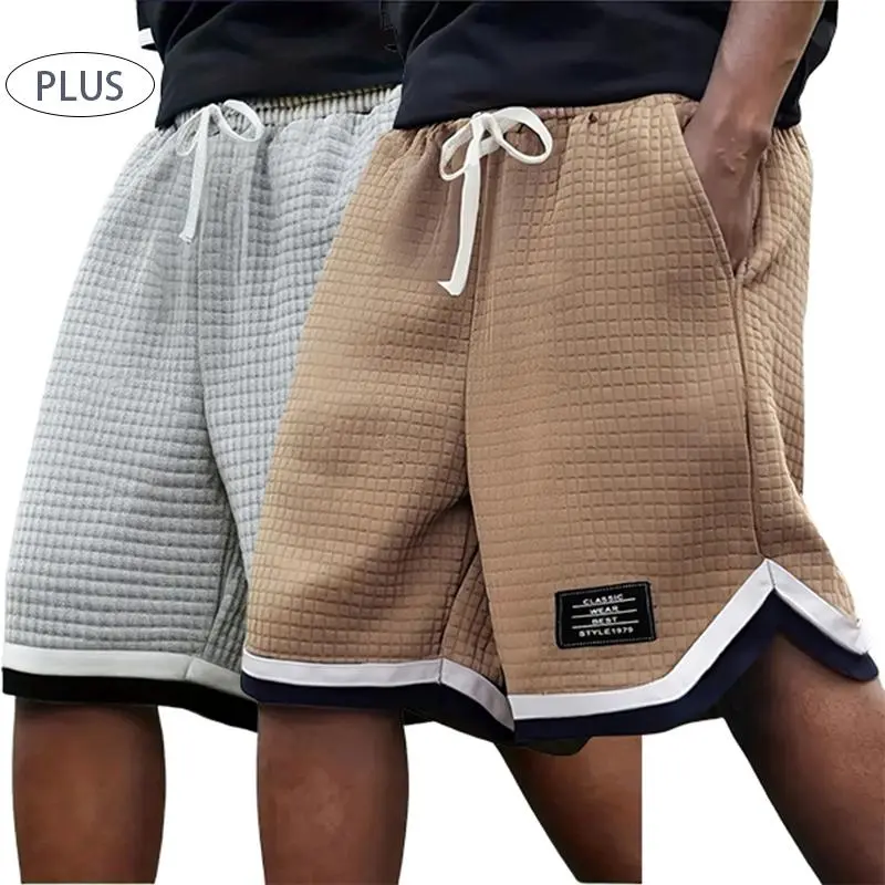 2 Pack Plus Size Men's Waffle Knit Shorts Elastic Drawstring Waist Casual Summer Shorts with Breathable Soft Fabric, Solid Color Versatile Design, Plus Size Men's Shorts Gray Mens Tropical Menswear Big short shorts, Plain