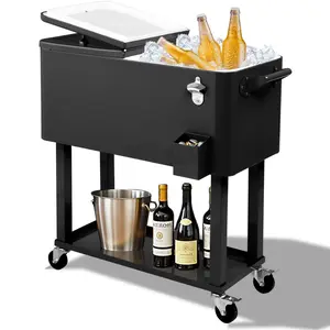 80 Quart Rolling Ice Chest on Wheels, Portable Patio Party Bar Drink Cooler Cart, with Shelf, Beverage Pool with Bottle Opener,Water Pipe