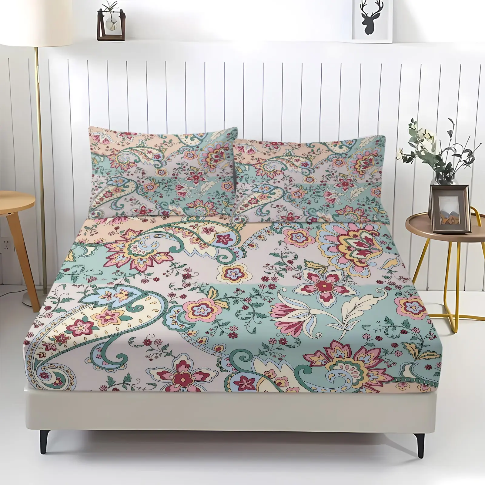 Cashew Flower Pattern Fitted Sheet, Floral Bed Sheets, Bohemian Style Bedding Set (1 Sheet + 2 Pillowcases, No Pillow Insert), Suitable For Teenagers, Girls, Adults, Bedroom, Dormitory, Guest Room Scenes, Floral Bedsheets