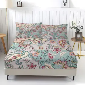Cashew Flower Pattern Fitted Sheet, Bohemian Style Bedding Set (1 Sheet + 2 Pillowcases, No Pillow Insert), Suitable For Teenagers, Girls, Adults, Bedroom, Dormitory, Guest Room Scenes