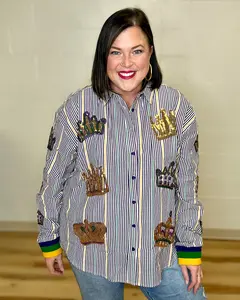 Sequin Crown Mardi Gras Button Down Top
