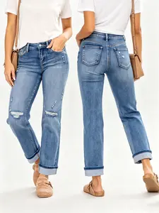 Women's Mid-Waisted Stretchy Style Casual Ripped Boyfriend Jeans - Loose-Fit Distressed Denim Pants with Button-Flap Pockets, Womenswear Bottoms