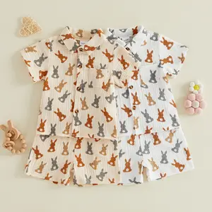 Babamoon Toddler Baby Boy Easter Outfits Set Bunny Short Sleeve Button-up Shirt and Shorts 2pcs Cotton Linen Summer Clothes Set 6M-4Y