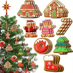 24pcs Merry Christmas Candy House Gingerbread Man Donut Christmas Tree Wooden Hanging Ornaments, Home Party Decor, Garden Decor, Holidays Decor, Christmas Tree Decor