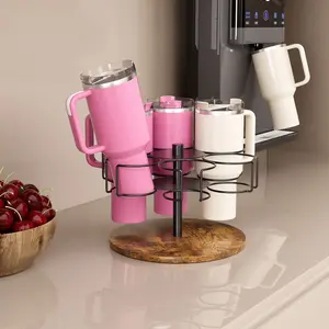 360° Rotatable Tumbler Holder, 1 Count Wooden Base Tumbler Storage Rack with Handle, Cup Holder for Kitchen, Home Organizer, Beverage Organizer