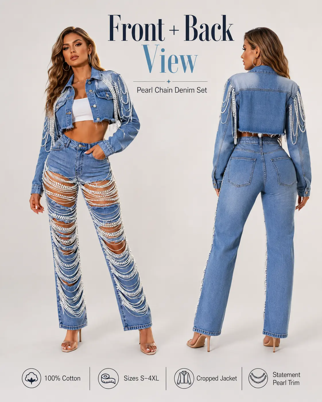 Women's Short Cropped Denim Jacket - Fringe, Raw Hem, Pearl Chain, Tassel, Long Sleeve, Collared, Lightweight Outerwear Tops Cowboy Coat