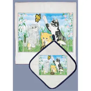 212 MAIN Absorbent Cotton Cat Dish Towel and Quilted Pot Holder Decorative Set by Pipsqueak Productions