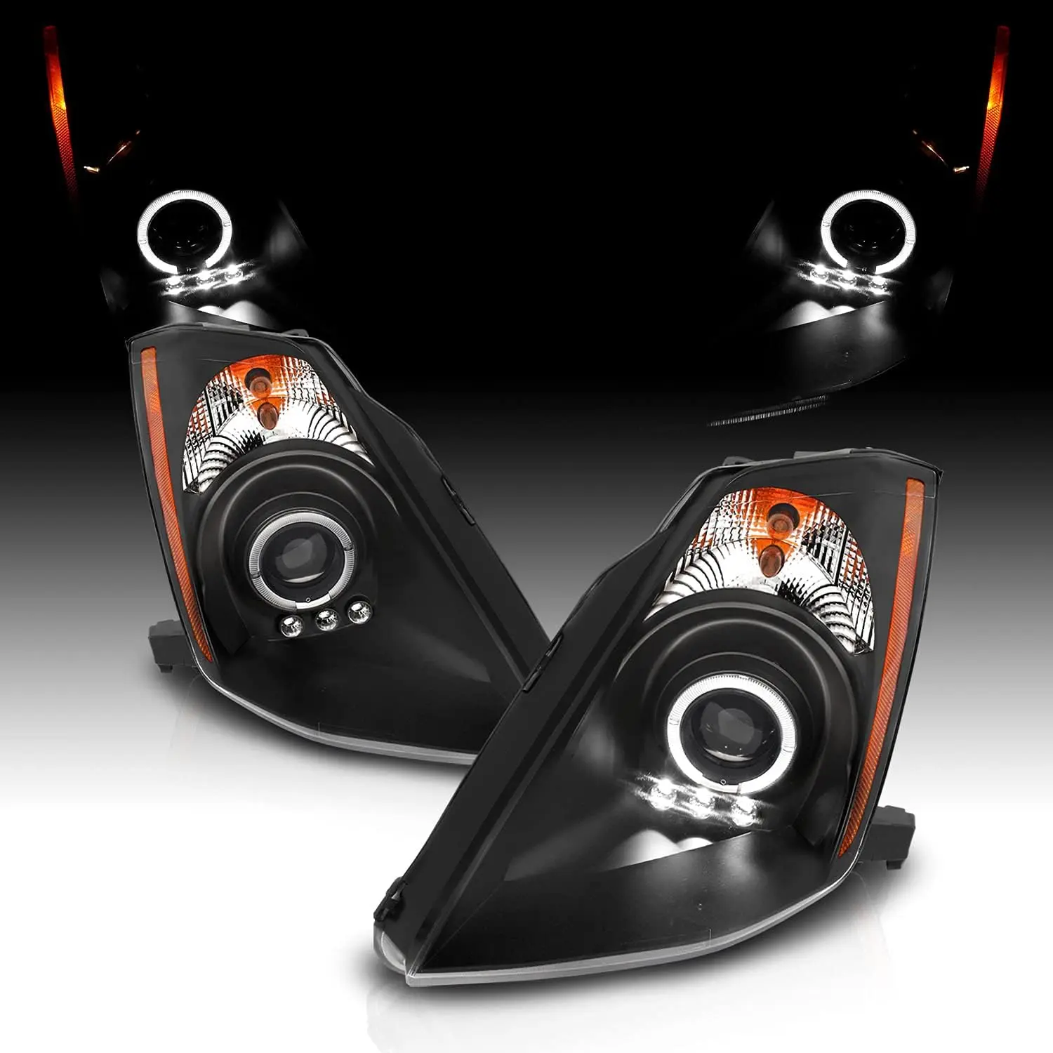 AmeriLite for 2003-2005 350Z [Halogen Type] LED Halo Parking Light Black Projector Headlights Pair(Not Fit HID D2S ver.) - Driver and Passenger Side