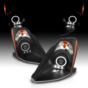 AmeriLite for 2003-2005 350Z [Halogen Type] LED Halo Parking Light Black Projector Headlights Pair(Not Fit HID D2S ver.) - Driver and Passenger Side