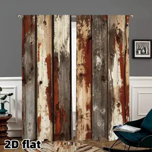 2-piece set, 2D flat, vintage wood grain pattern curtains, rural barn doors, printed semi blackout farmhouse style home window decoration, pole design, Easy install curtain, vintage texture home decoration