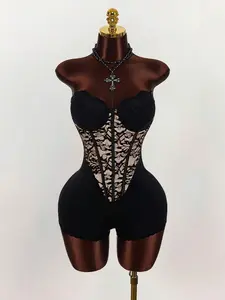 Amplova Plus Size Sexy Lace Patchwork Bustier Bodysuit