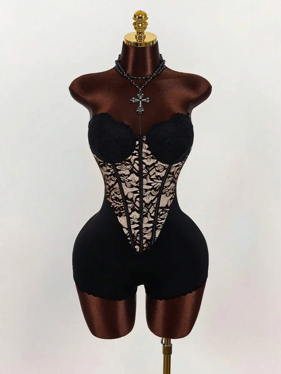 Amplova Plus Size Sexy Lace Patchwork Bustier Bodysuit