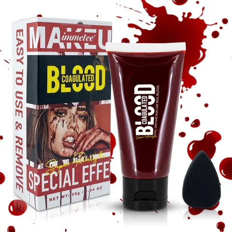 SohoChic 1.94oz (55g) Halloween Fake Blood Gel - Adults' Face Body Cosmetic Makeup, Stipple Sponge Included, Realistic Coagulated SFX Blood, Long-Lasting Moist Formula, Soap & Water Cleanup, All Skin Types, Ideal for Body Arts, Wound FX Scenarios