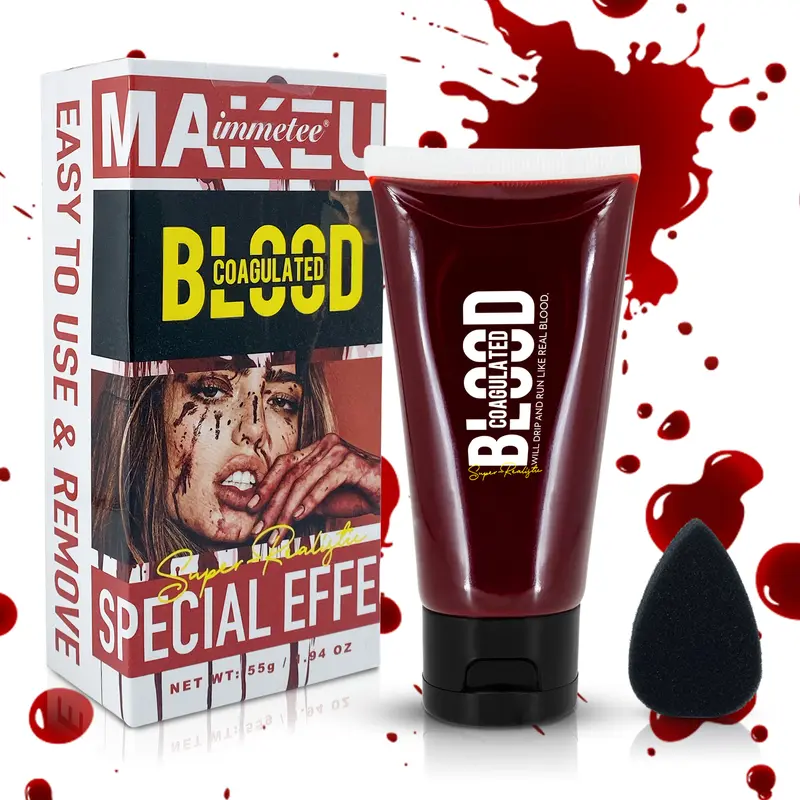 SohoChic 1.94oz (55g) Halloween Fake Blood Gel - Adults' Face Body Cosmetic Makeup, Stipple Sponge Included, Realistic Coagulated SFX Blood, Long-Lasting Moist Formula, Soap & Water Cleanup, All Skin Types, Ideal for Body Arts, Wound FX Scenarios