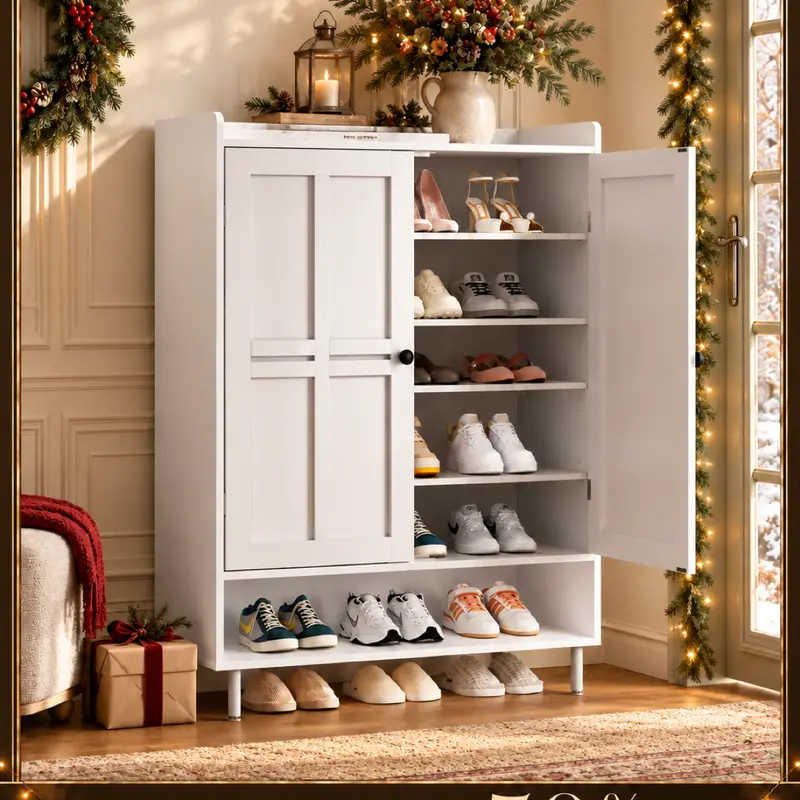 【18-24 Pairs & Adjustable Shelves】ONBRILL 7+1 Tier Farmhouse Shoe Storage Cabinet, 45'' Tall Modern Shoe Cabinet with Metal Legs, Shoes Rack Organizer Cabinet for Entryway, Front Door,Livingroom Bedroom Furniture,Christmas Gift【Black Friday】