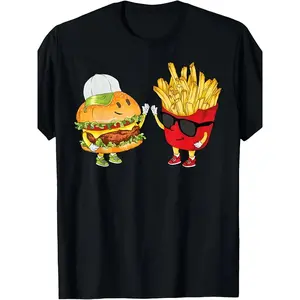 Hamburger Fries High Five| Cool Fun Combo Snacks Funny Gift Unisex T-Shirt|  Summer Short-Sleeved Printed T-shirt| Pure 220G| Crew Neck| All-Season| Vintage Style| Regular Fit| Drawing Pattern