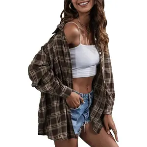 Plaid Flannel Shirts for Women Oversized Long Sleeve Button Down Buffalo Plaid Shirt Blouse TopsGift