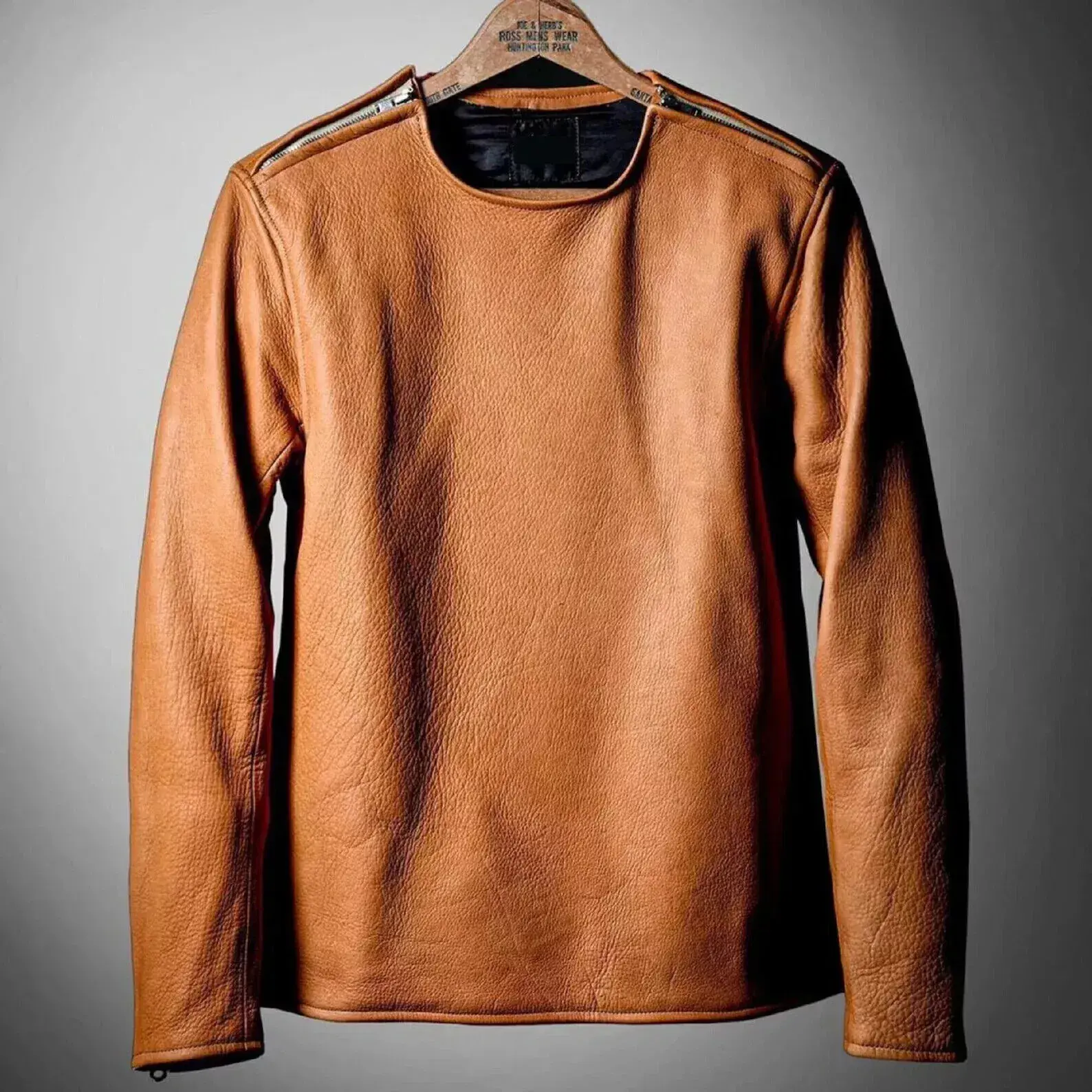 Men's Brown Leather T-Shirt - Real Soft Slim Fit Sheepskin Leather - Round Neck - Menswear, Top Underwear Zippers