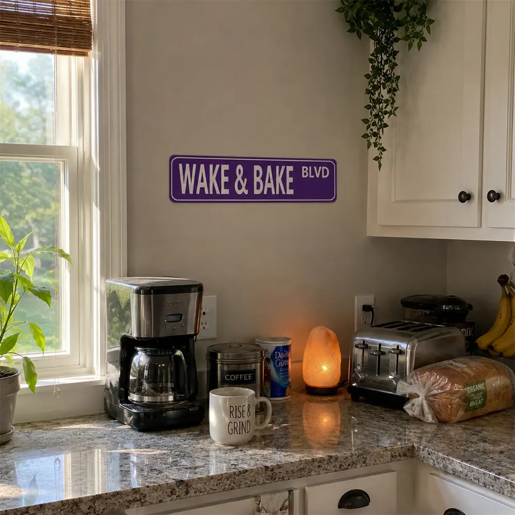 Wake & Bake Blvd Lightweight Metal Tin Sign (16x4 in) - Funny Vintage Weed Marijuana Print Wall Decor, Slim Hanging Street Sign for Home Bar, Home Decor Products, Indoor/Outdoor Humorous Gift for Gifting Occasions |   summervibes