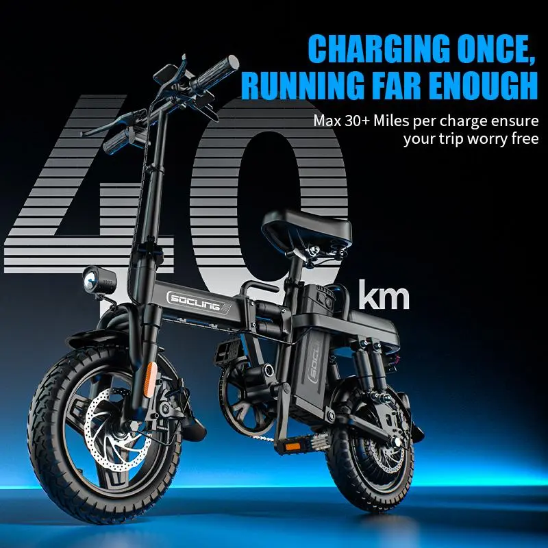 14-Inch Adult Folding Electric Bicycle - 1000W Motor, 30MPH High Speed, 40mi Long Range, Dual Seat, Portable Lightweight E-Bike for Urban Commuting & Leisure Travel