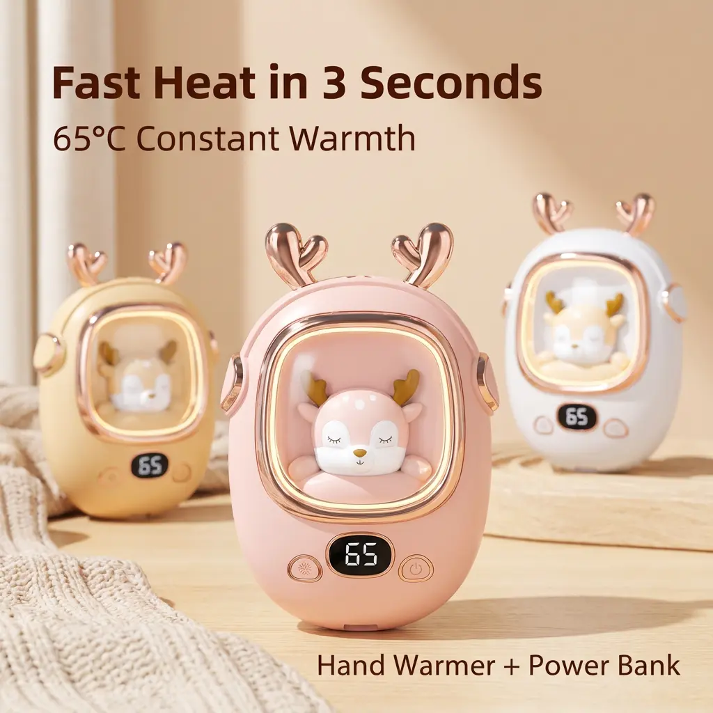 Cute Hand Warmer with Power Bank 2-in-1, Fast Heat in 3 Seconds, 3 Adjustable Temperature Levels up to 65°C, Explosion-Proof Safety Design, Rechargeable Portable Pocket Heater with Soft Night Light - Ideal Christmas & Winter Gift for Women, Girls, Kids