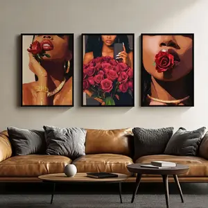 Black Girl Art Floral Print Set of 3, Black Woman Art Luxury Fashion Poster Flower Wall Art Black Girl Decor, Home Decor