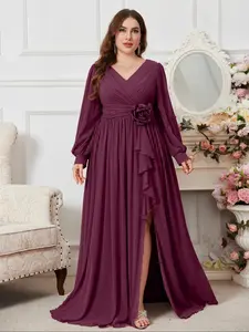 Elegant Feminine V-Neck Lantern Sleeve Long Sleeves Maxi Dress, Ruched Waist Pleated Skirt, Party Evening Gown, Plus Size Women's Formal Dress, Formal Wear