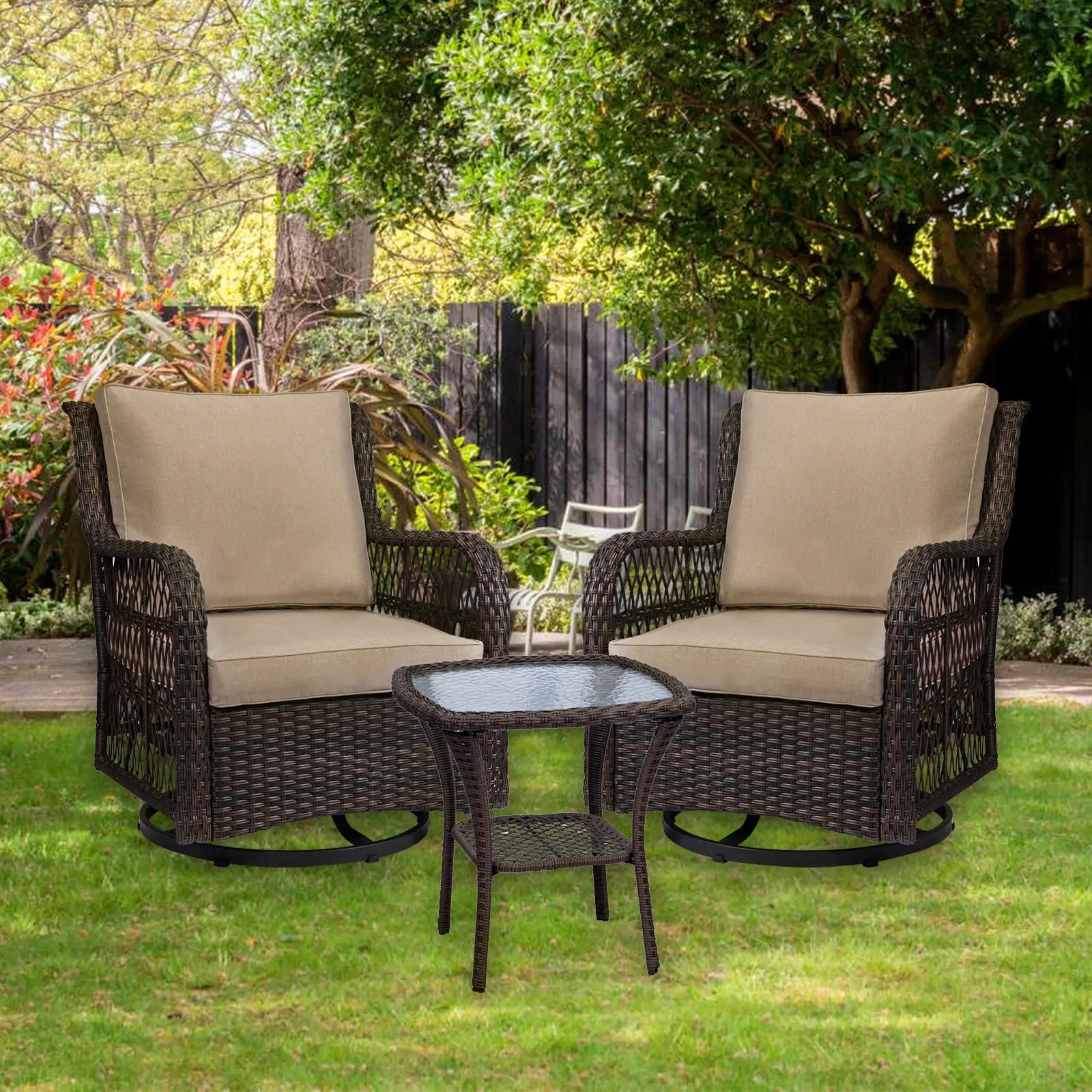 Summervibes Flash sale home items 3 Piece Outdoor Wicker Bistro Set, All-weather Swivel Rocker Chairs with Cushions & Tempered Glass Side Table, Patio Furniture for Garden, Porch, Deck & Backyard
