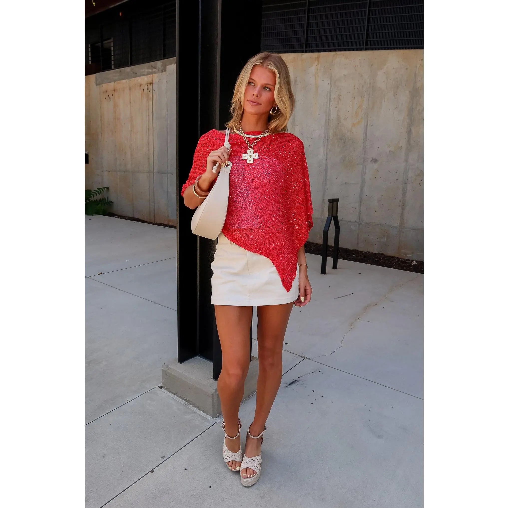 Mara Red Sequin Open Knit Poncho