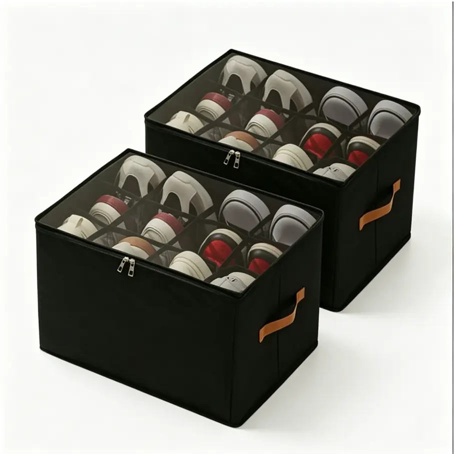 Upgraded Foldable Shoe Storage Organizer with Clear Cover Adjustable Dividers Space Saver Collapsible Fabric Shoe Box Reinforced Handles Multifunctional Household Closet Shelves Boot Sneaker Container