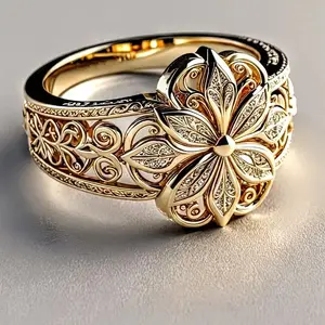 [Vintage Boho Ring] Golden-Plated Copper Ring with Intricate Floral Design - Vintage Boho Style, Synthetic Stone, Perfect for Daily Wear & Parties, Luxury Jewelry for Women