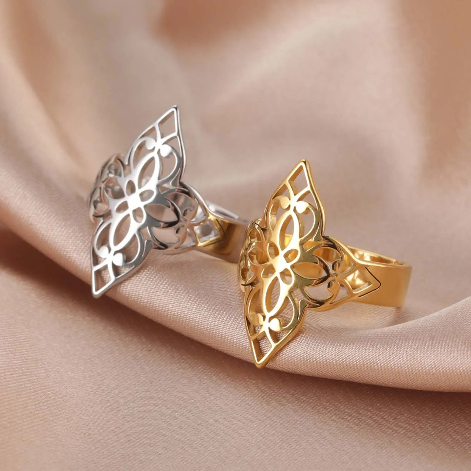 Casual 4-Sided Hollow Flower Adjustable Opening Artificial Gemstone Ring, Versatile Jewelry Accessory, Unique Rings, Statement Rings