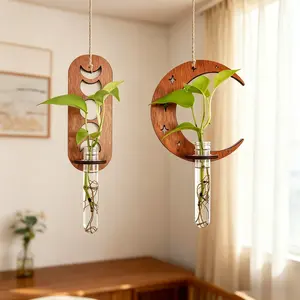 1Pc Bohemian Crescent Moon Wooden Hollow Vase with Hanging Plastic Tube Planter, Ideal for Hydroponics & Plant Cuttings, Easy to Install, All-Season Boho Minimalist Decor for Bedroom, Living Room, Hallway, Nursery, Kitchen, Office & Cabin