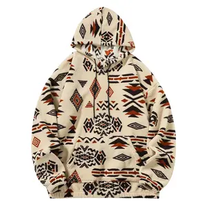 Men's Oversized Pullover Hoodie with Fleece Lining Autumn/Winter Ethnic Style Sweatshirt in Cream with Geometric Patterns Casual Menswear Stylish Apricot Long Sleeve Tops