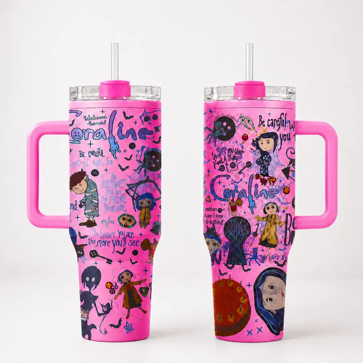 Gothic Button Eyes Dark Fantasy Cartoon Pink Insulated Travel Mug With Handle & Straw 40oz, Stainless Steel Vacuum Cold Hot Water Cup (12H Hot / 24H Cold), Spooky Animation Aesthetic Gift For Women & Movie Fans