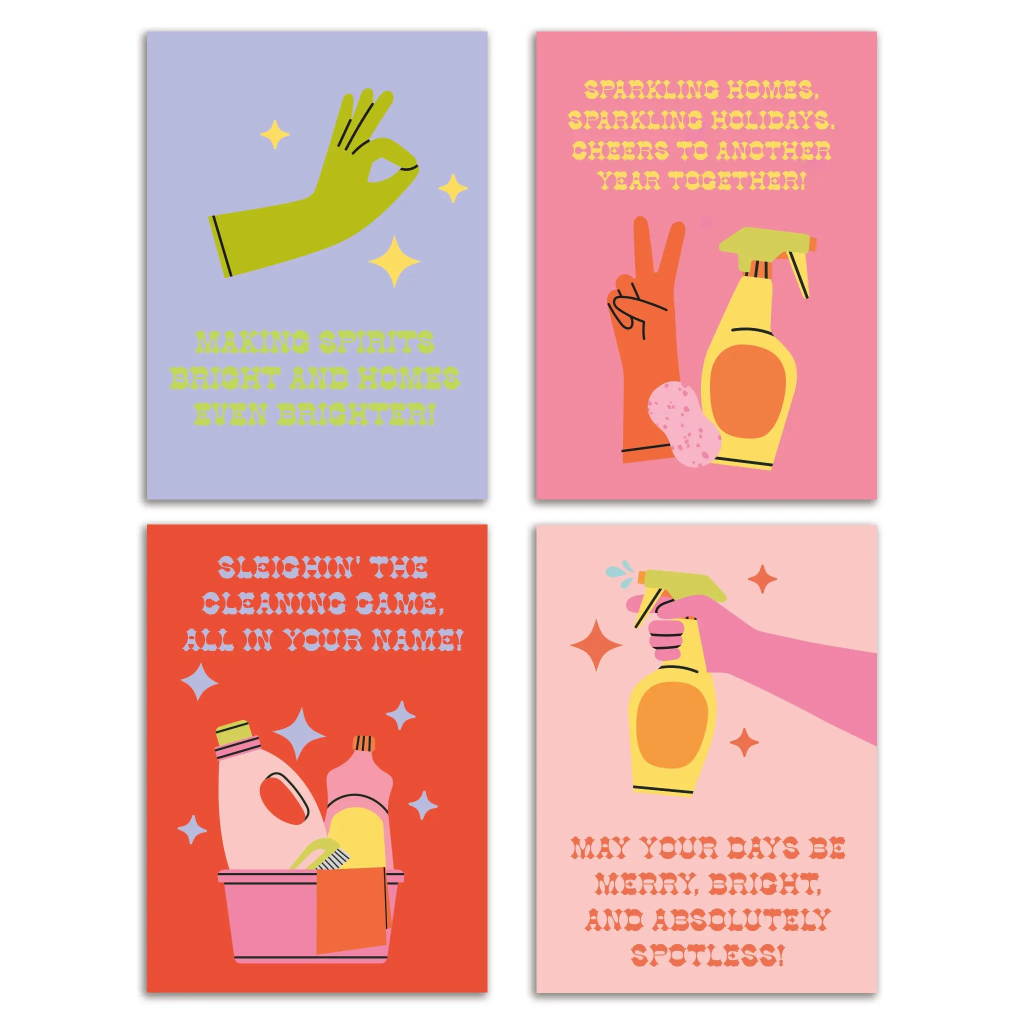 24 Cleaning Themed Christmas Cards in 4 Fun Colorful Designs + Envelopes