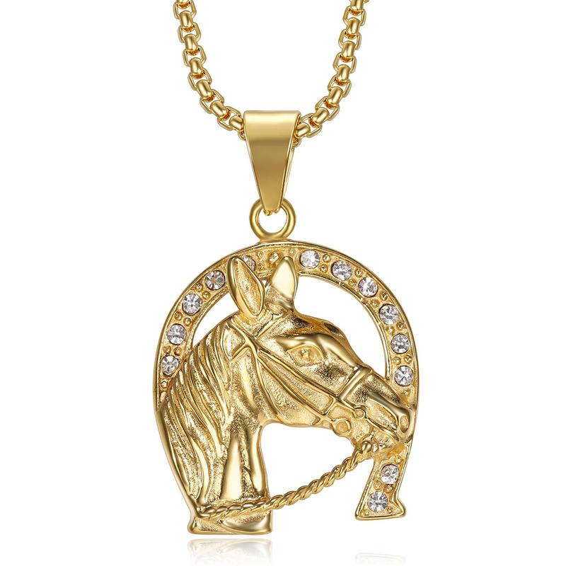18K Gold Plated Lucky Horse Pendant Punk Rock Stainless Steel Necklace for Men Women, 24 Inch Chain Horseshoe Party Jewelry Gift
