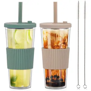 2 Pack  Boba  Cups, 24oz Iced Coffee Cup with Straw and Lid, Leakproof Clear Plastic Cups Tumbler, Double Wall Insulated Smoothie Tumbler, Wide Straw for Bubble , Cinnamon&Olive