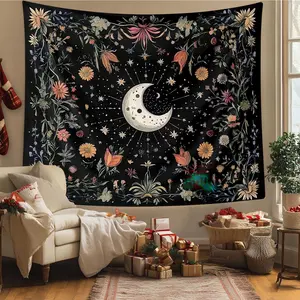 Moon & Plant Pattern Tapestry, Bohemian Wall Hanging Decoration, Celestial Stars Tapestry, Bedroom, Living Room, Dormitory Aesthetics, Home Decoration, Flower Pattern Tapestry